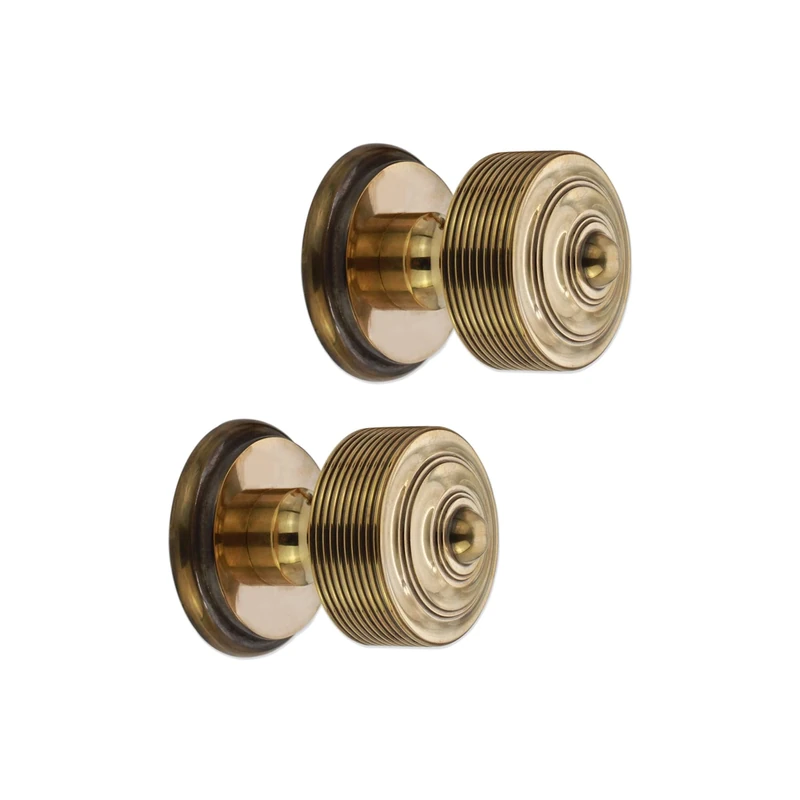 Infinity Decor Solid Brass Reeded Round Mortice Door Knobs Pull Handles Set 55mm in Aged Brass Finish - Ideal for Interior & Exterior Doors