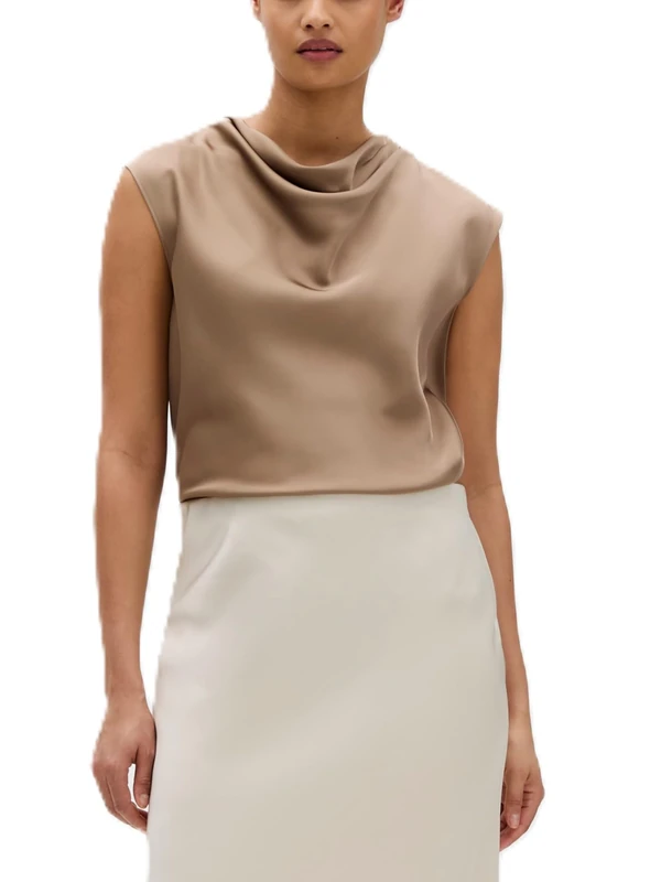 Calvin Klein Women's Satin Cowl Neck Blouse with Cascade Collar, Fossil, L