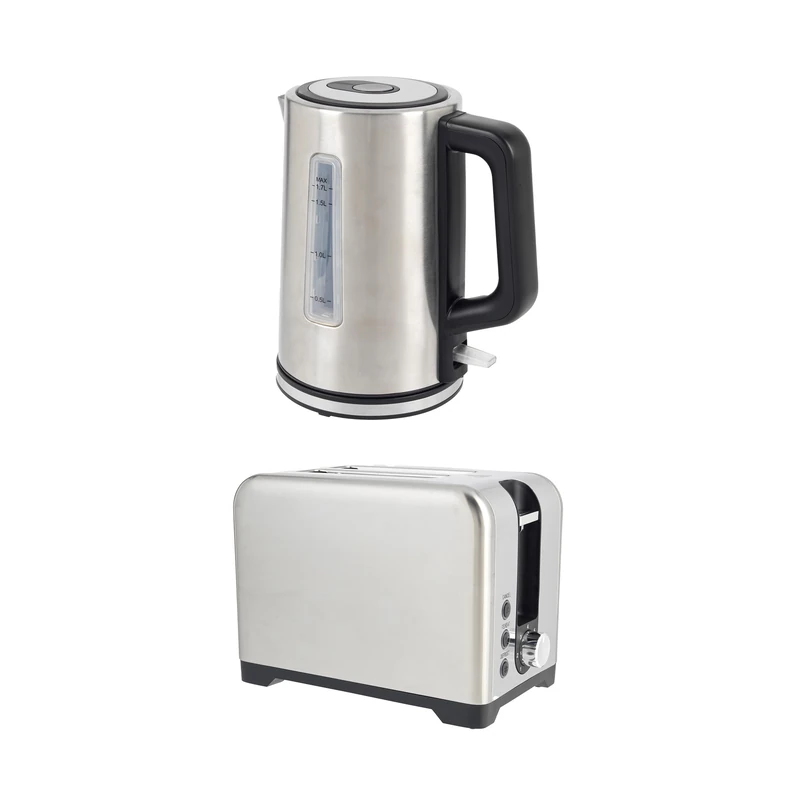 Salter Kettle & Toaster Set – 2-Slice Toaster with 7 Browning Levels, Defrost, Reheat, & Cancel Functions, 1.7 Litre Rapid Boil Kettle with Safety Features, Removable Limescale Filter, Stainless Steel