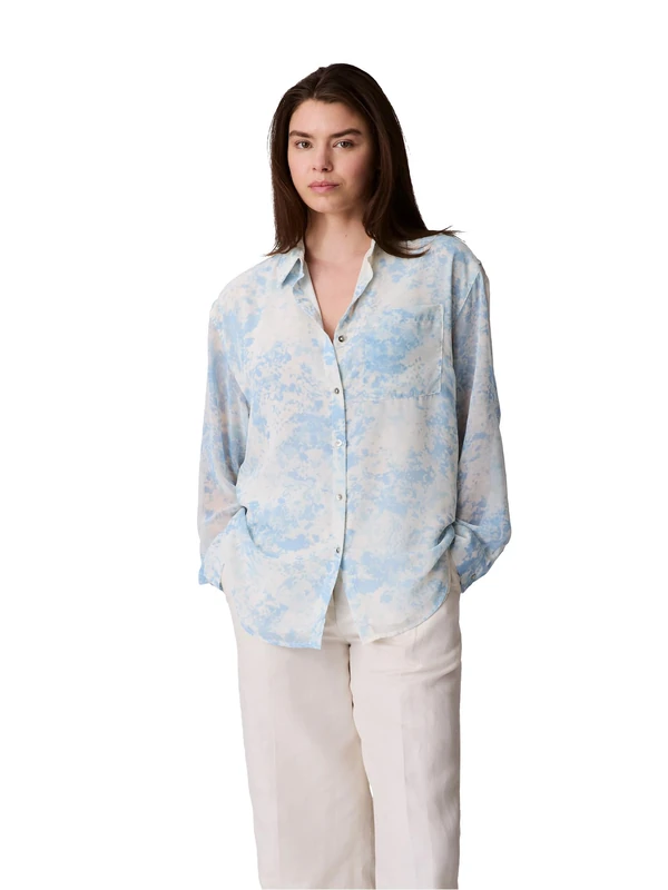 Calvin Klein Ladies Surf Blue Printed Classic Button Down Shirt - Extra Large, Blue (Surf Blue), XL - Image 1