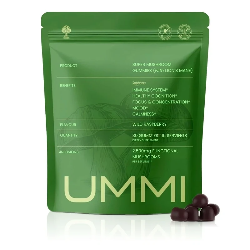 UMMI 12-in-1 Super Mushroom Gummies with Lion's Mane, Reishi, Cordyceps - 2500mg Functional Mushrooms Complex for Immunity, Focus, Mood & Energy - Vegan Supplements, Raspberry Flavour (30 Gummies)