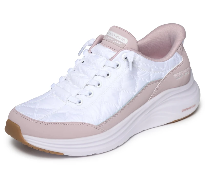 Skechers Women's Contour Foam Slip-On Sneakers, White Mesh/Lavender Duraleather/Leather/Trim, 7 UK