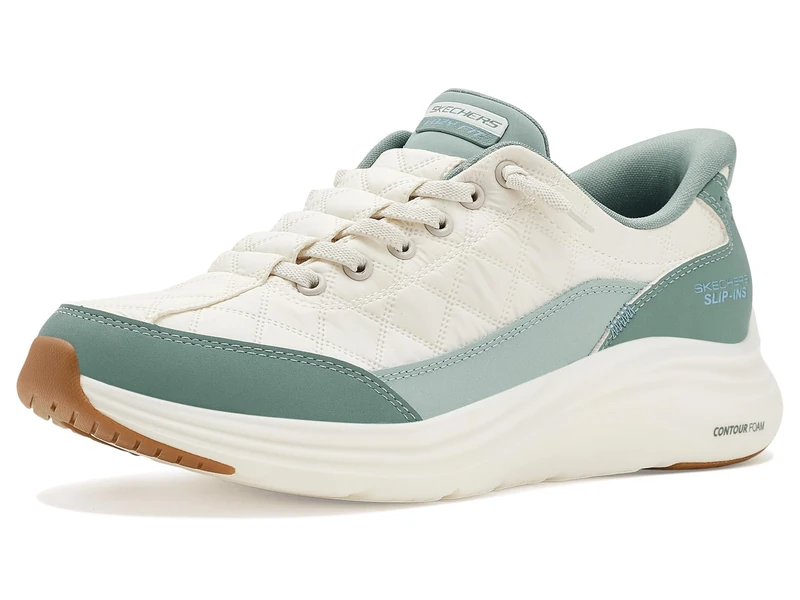 Skechers Women's Contour Foam Slip-On Sneakers, Off White Mesh/Sage Duraleather/Leather/Trim, 3.5 UK