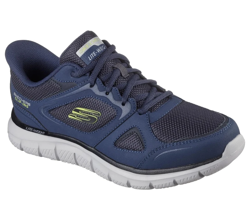 Skechers Men's Track Ezral Slip-On Sneakers, Navy Leather/Lime Mesh/Pu, 9 UK Wide