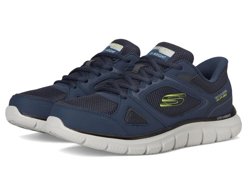 Skechers Men's Track Ezral Slip-On Sneakers, Navy Leather/Lime Mesh/Pu, 7.5 UK Wide