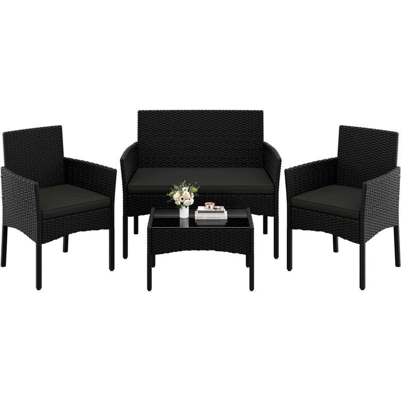 Yaheetech 4 Pieces Outdoor Patio Conversation Set, PE Rattan Wicker Sofa Set with Soft Cushion and Tempered Glass Table for Yard, Poolside, Garden (Black/Grey)