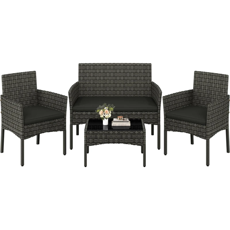Yaheetech 4 Pieces Outdoor Patio Conversation Set, PE Rattan Wicker Sofa Set with Soft Cushion and Tempered Glass Table for Yard, Poolside, Garden (Grey)