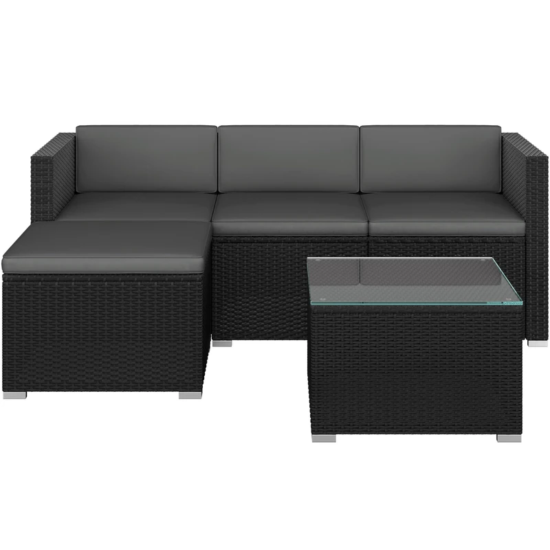 Yaheetech 5 Pieces Patio Furniture Set, PE Rattan Garden Modular Lounge Sofa Set with Tempered Glass Table and Water-Resistant Cushions for Patio, Balcony (Black/Grey)