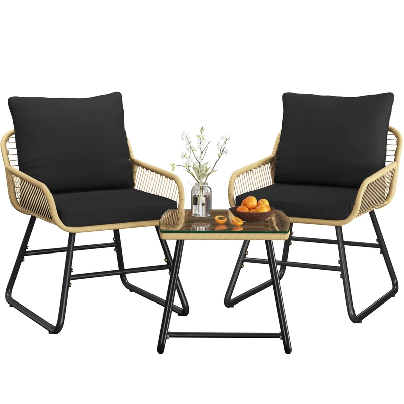 Yaheetech 3 Pieces Bistro Set, Outdoor PE Wicker Chairs with Washable Cushions and Tempered Glass Table, Patio Conversation Set for Backyard, Poolside, Balcony, Porch, Tan/Black - Image 1