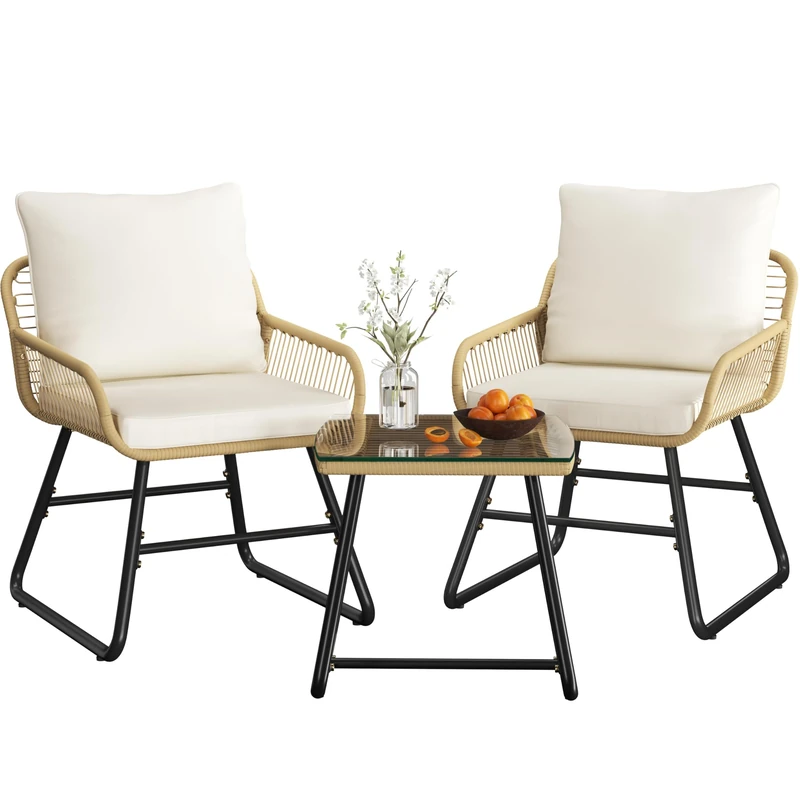 Yaheetech 3 Pieces Bistro Set, Outdoor PE Wicker Chairs with Washable Cushions and Tempered Glass Table, Patio Conversation Set for Backyard, Poolside, Balcony, Porch, Tan/Cream