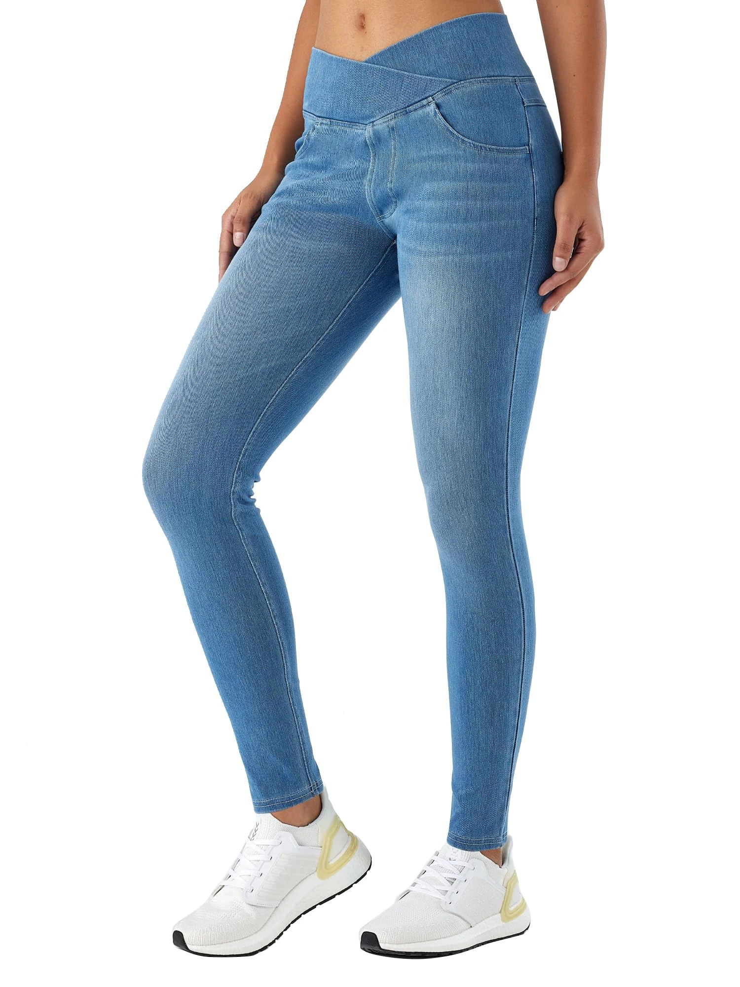 LaiEr Women V Crossover Skinny Jeans High Waist Tummy Control Casual Fitness Leggings,Supple Elasticity Casual Denim Pants uitable for Yoga,Fitness,and Leisure,with Side Pockets.(LightBlue,XS)