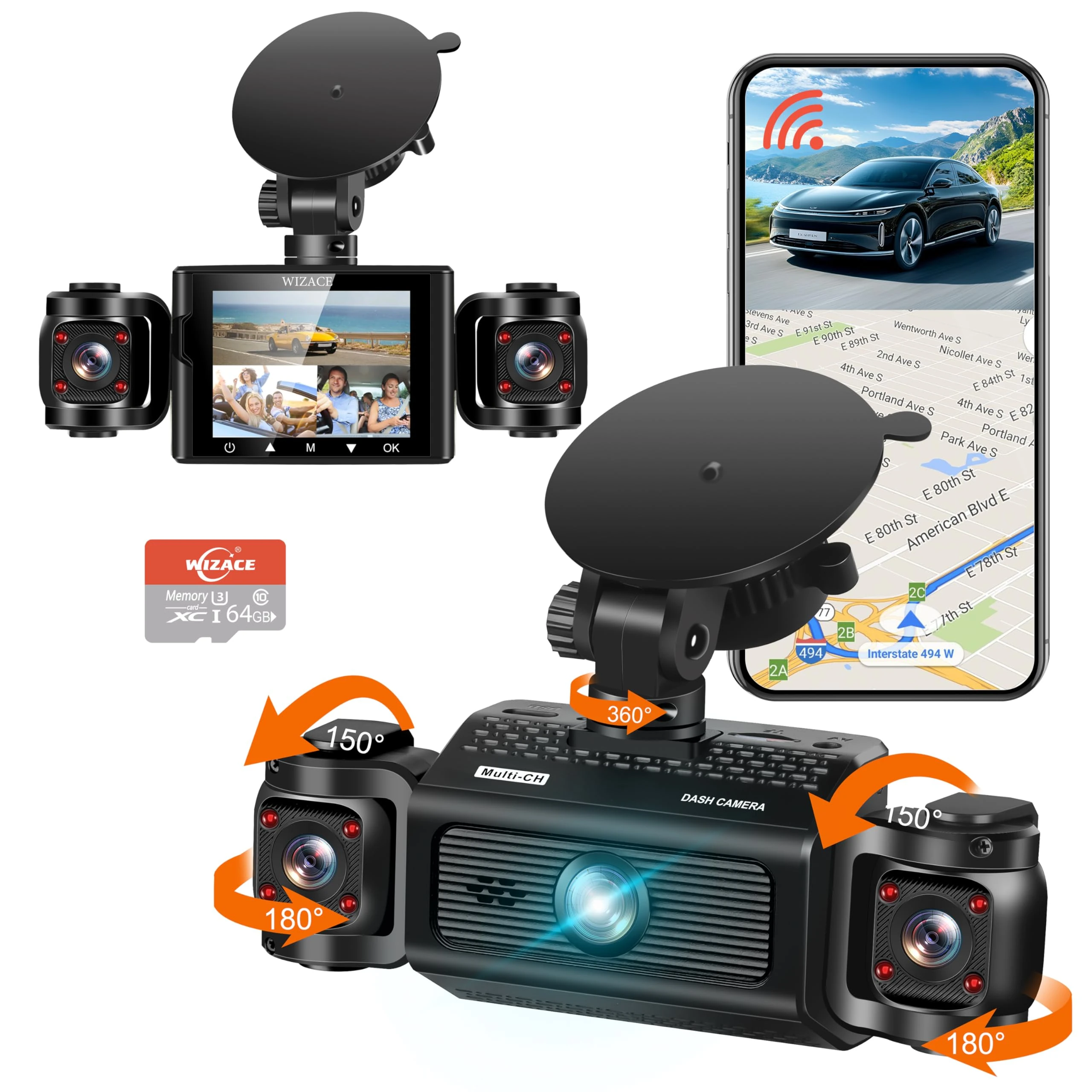 3 Channel Dash Cam WiFi FHD 2K Car Camera with 128GB Card, WIZACE 270° Front Dash Camera Front and Inside Left Right for Cars, Mini Dashcams with Night Vision,Loop Recording,WDR (2.0 inches)