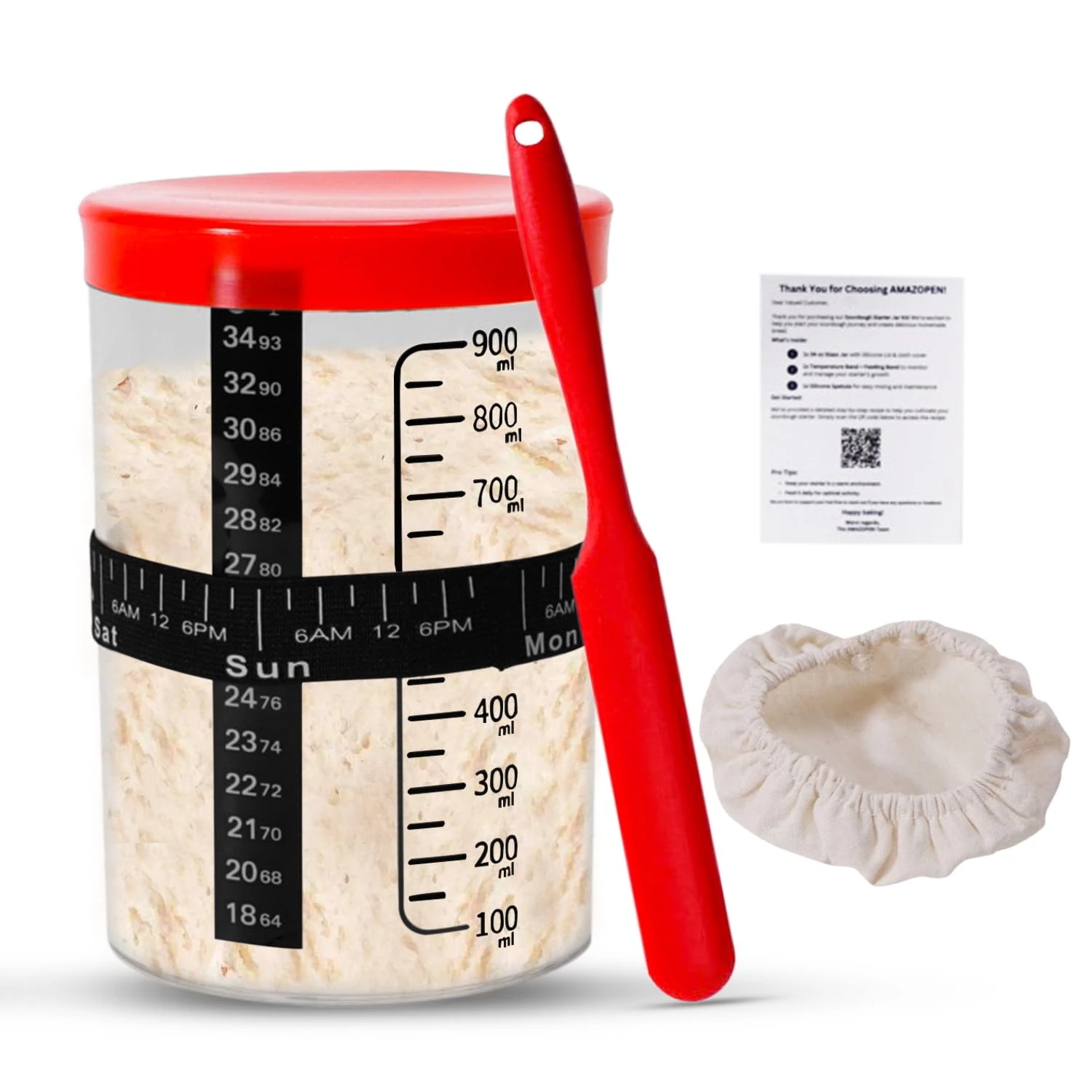 Relazoom Premium Sourdough Starter jar - 34 oz Sourdough Starter Kit with Spatula, Measurement & Date Tracker, Dough Scraper, Breathable Cloth Lid – Perfect for Baking, Bread, and Starter Growth