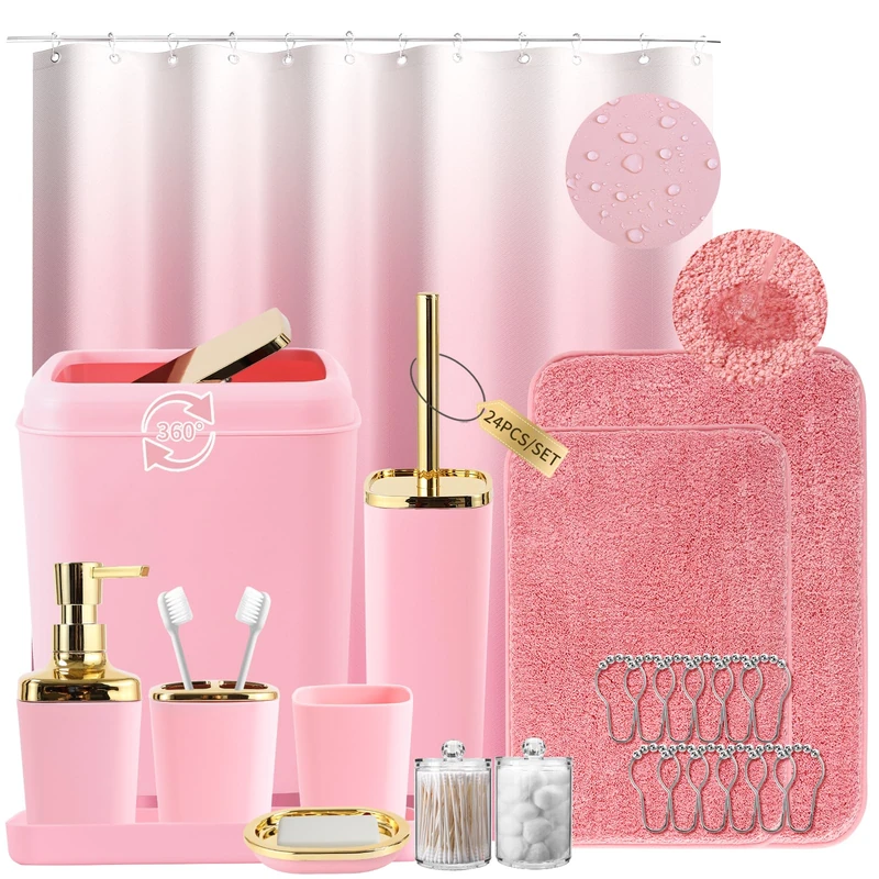 XLHOMO Bathroom Set - Pink Bathroom Sets with Shower Curtain and Rugs, 24PCS Shower Curtain Set with Hooks, Soap Dispenser, Soap Dish, Toilet Brush Holder and Trash Can for Housewarming
