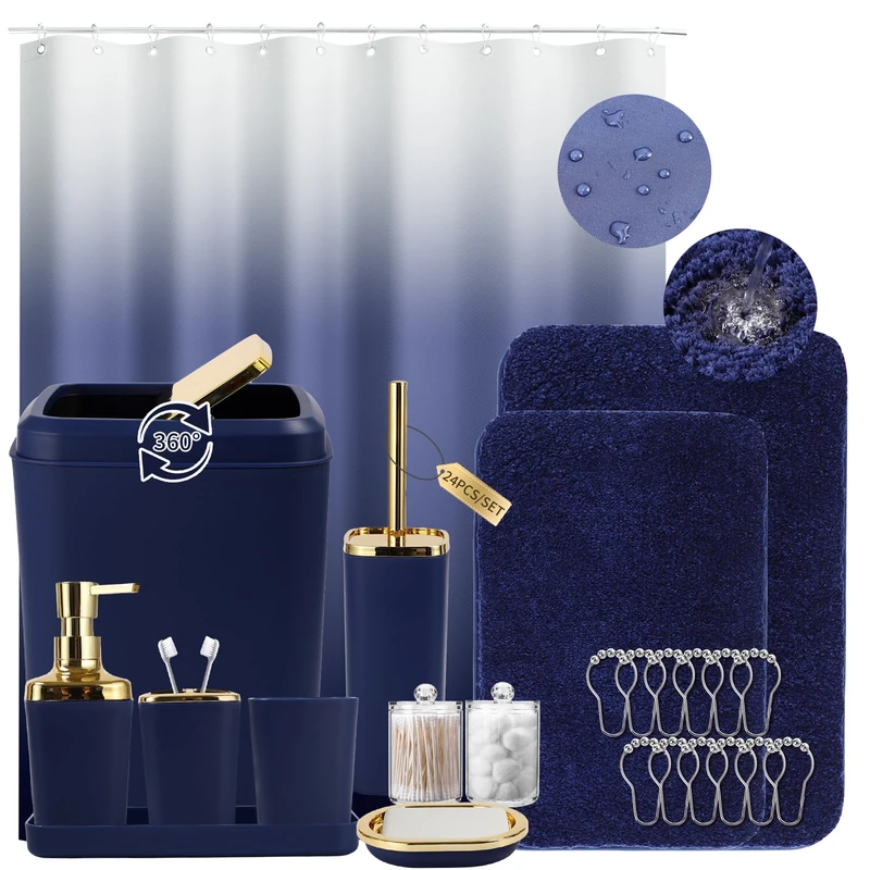 XLHOMO Bathroom Set - Navy Blue Bathroom Sets with Shower Curtain and Rugs, 24PCS Shower Curtain Set with Hooks, Soap Dispenser, Soap Dish, Toilet Brush Holder and Trash Can for Housewarming