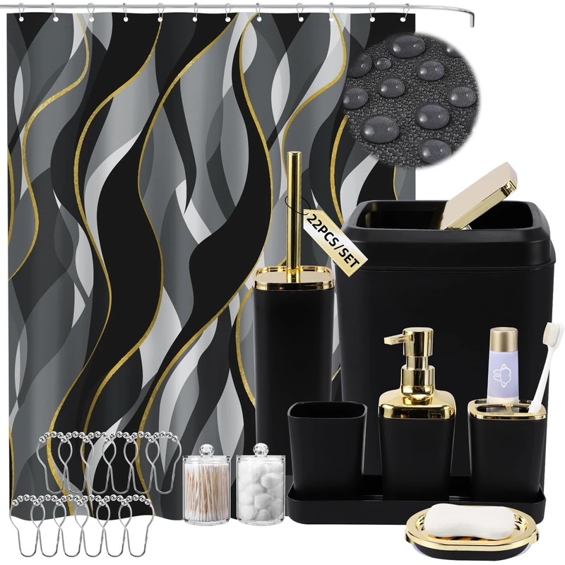 XLHOMO Black Bathroom Set, Bathroom Sets with Stripe Shower Curtain, Black and Gold Bathroom Accessories with Trash Can, Soap Dispenser, Soap Dish, Toilet Brush Holder, Qtip Holders for Bathroom