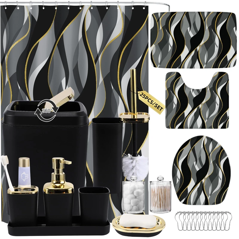 XLHOMO Bathroom Set - Black and Gold Bathroom Accessories, Bathroom Sets with Shower Curtain and Rugs, Black Shower Curtain Set with Bathroom Trash Can, Soap Dispenser, Soap Dish for Home Decor