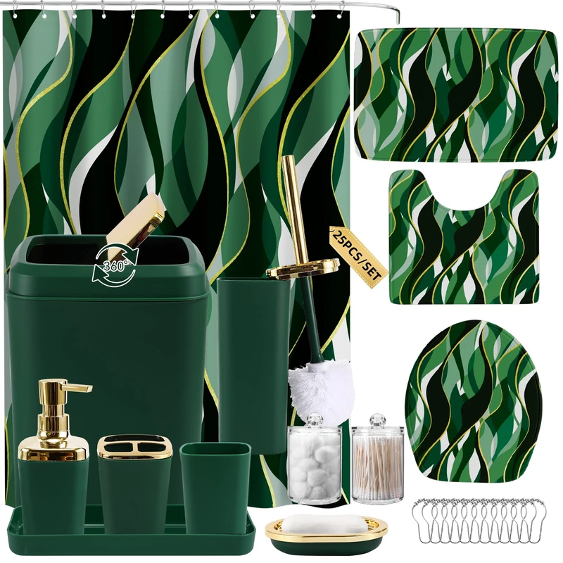 XLHOMO Bathroom Set - Green and Gold Bathroom Accessories, Bathroom Sets with Shower Curtain and Rugs, Green Shower Curtain Set with Bathroom Trash Can, Soap Dispenser, Soap Dish for Home Decor