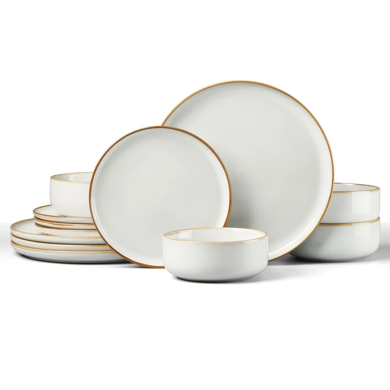 HaWare 12 Piece Dinner Set, Stoneware Dinnerware Set for 4, Reactive Glaze Dining Ware Include Plates and Bowls, Chip and Scratch Resistant, Microwave & Dishwasher Safe, Pearl White