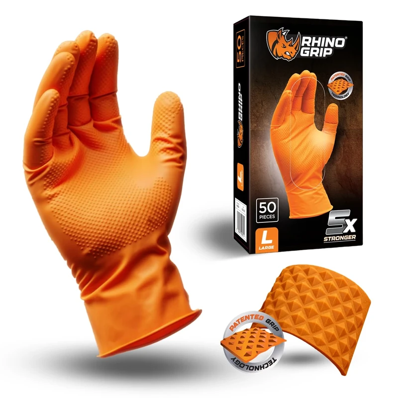 RHINO GRIP Nitrile Gloves - Disposable Gloves, Diamond Grip Orange Gloves - Powder-free & Latex Free Nitrile Gloves, Extra Thick & Ultra Tough Gloves (1, Large)