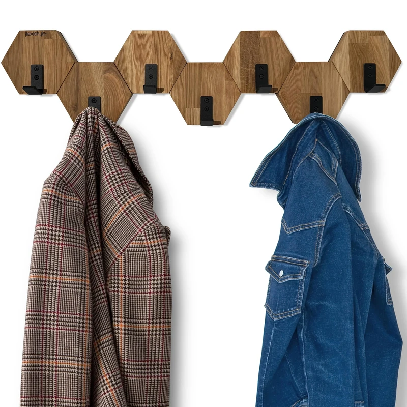 FLEXISTYLE Hexagon Wall Coat Rack Wood Oak Black Design Modern Teenager's Room Bathroom Natural (Oak, 77)