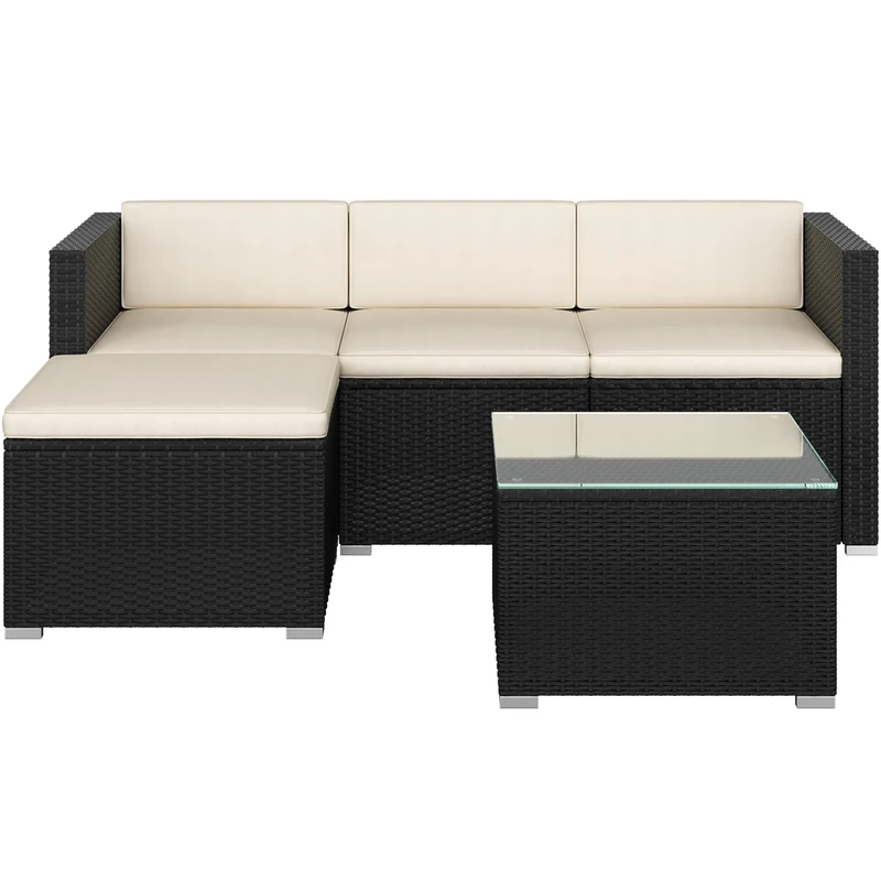 Yaheetech 5 Pieces Patio Furniture Set, PE Rattan Garden Modular Lounge Sofa Set with Tempered Glass Table and Water-Resistant Cushions for Patio, Balcony (Black/Beige)
