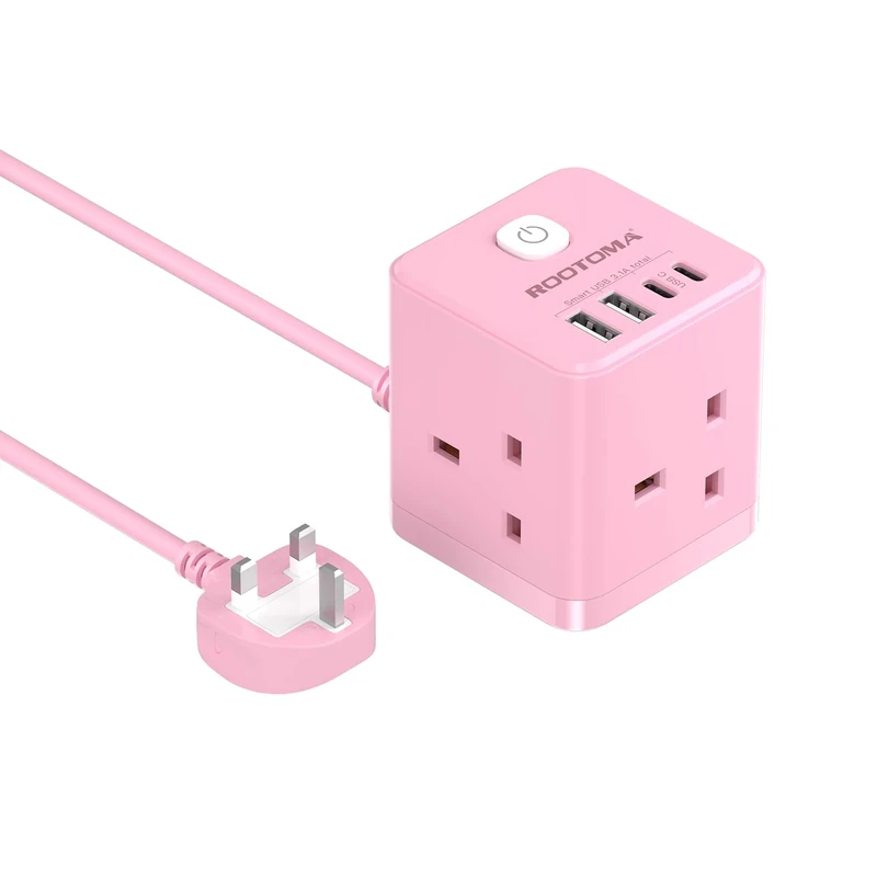 Cube Extension Lead with USB C Slots, 3 Way Power Extension with 4 USB (5V/3.1A 15.5W), Small Pink Tower Extension Lead for Home, Office, Dorm Room, 2M, 13A/3250W