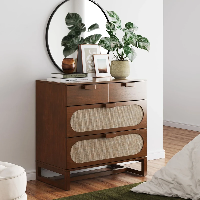 Nathan James Paxton Mid-Century Modern Dresser for Bedroom, 3-Drawer Dresser with Solid Wood Frame and Textilene Rattan Accent, Dark Walnut