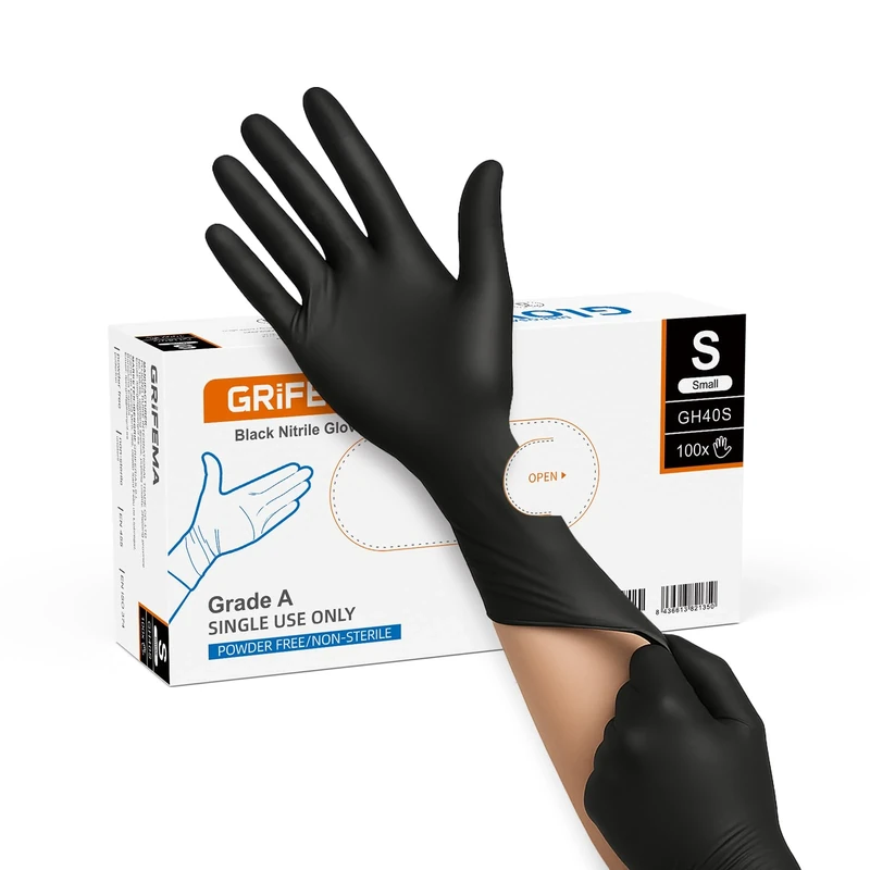 GRIFEMA Black Nitrile Gloves Small, Disposable, Powder Free & Latex Free, Examination Gloves for Medical, Food Safe, Cleaning & Household Use – 100 Pack