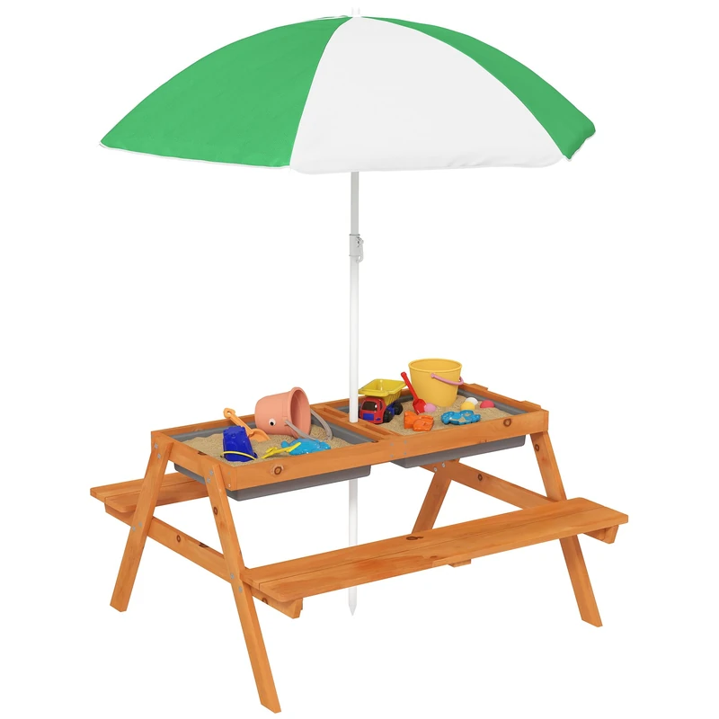 Outsunny Kids Picnic Table, Wooden Sand and Water Table with Benches, Adjustable Parasol, Storage Bins, Outdoor Garden Furniture for Kids 3-6 Years, Brown - Image 1