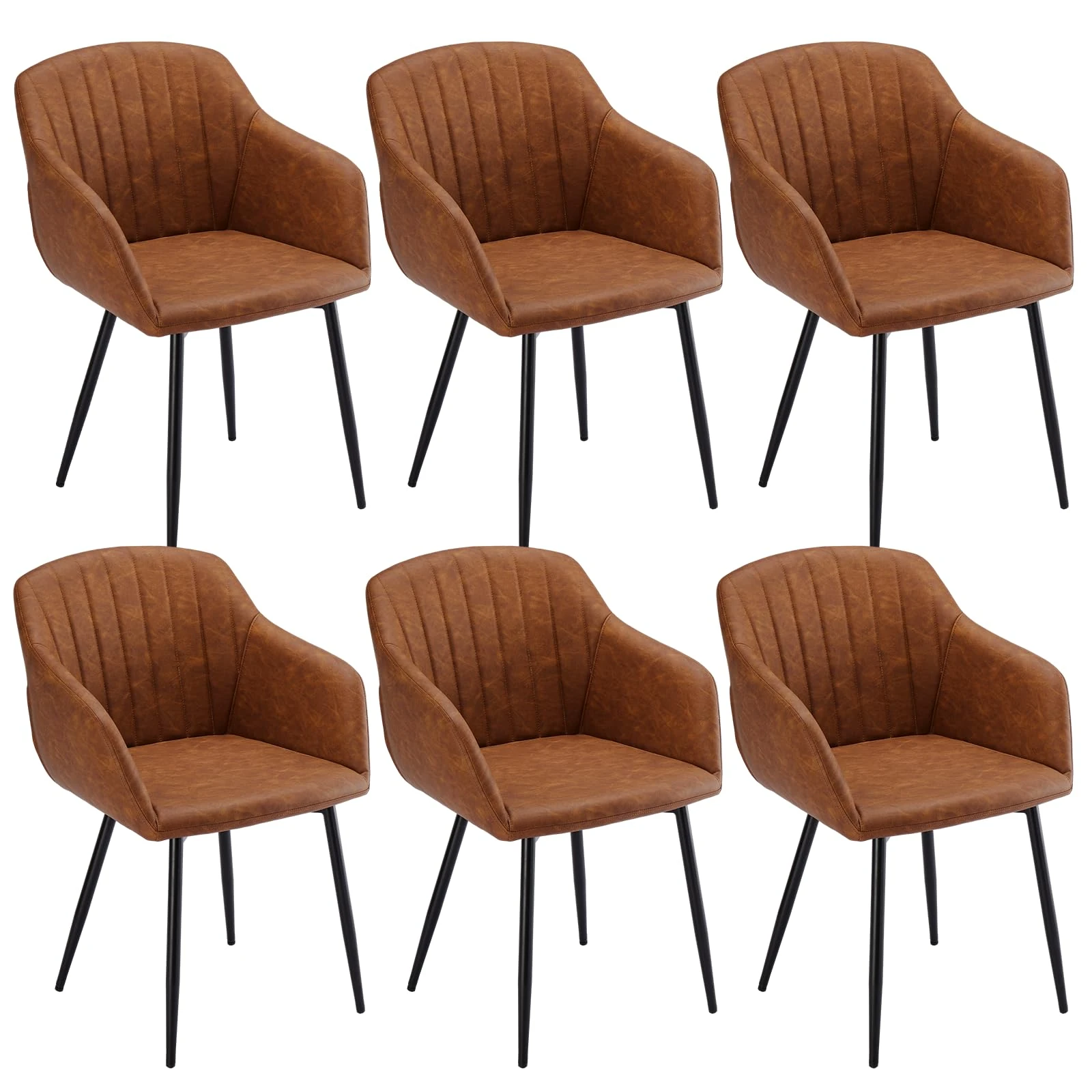Goeurvant Dining Chairs Set of 6 PU Leather Kitchen Chairs with Armrests Upholstered Chair with Metal Legs Brown