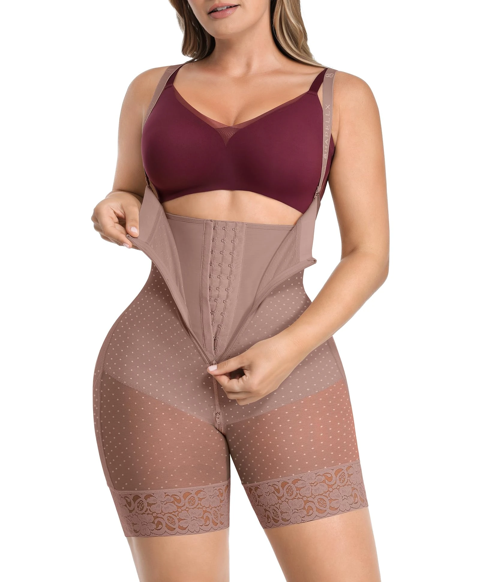 SHAPELLX Fajas Colombianas Shapewear for Women Tummy Control Plus Size Butt Lifting Bodysuit Post Partum Body Shaper, A3-mauve Brown, Large