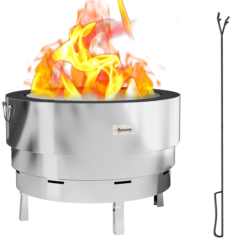 Outsunny Outdoor Round Fire Pit with Grill Net, Portable Wood Burning Firepit with Poker and Foldable Legs, Stainless Steel for Patio Bonfire BBQ Camping, Silver