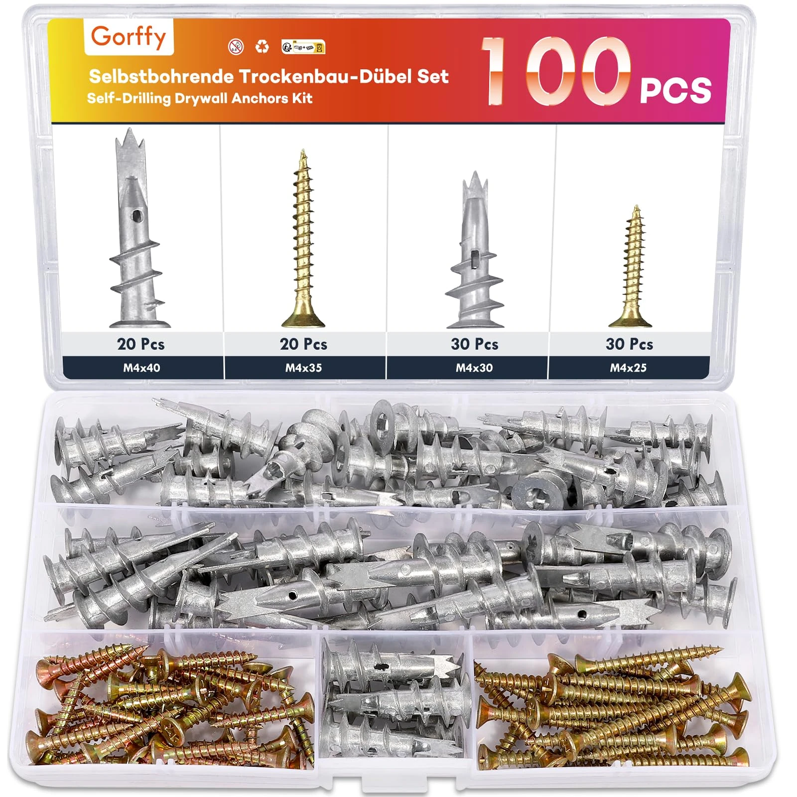 Gorffy 100PCS Self Drilling Plasterboard Fixings, M4 Heavy Duty Plasterboard Fixings, Metal Wall Plugs Drywall Screws, Self Drilling Drywall Anchors and Screws for Plaster Boards, Composite Boards