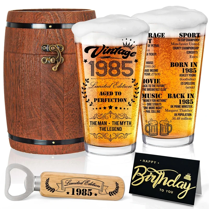 Joybble 40th Birthday Gifts for Men, Gifts for Men with Birthday Cards, 40 Years Old Beer Glass in Vintage Box, Valentine's Day Presents Beer Glasses Ideas, Presents for 40 Years Old Dad