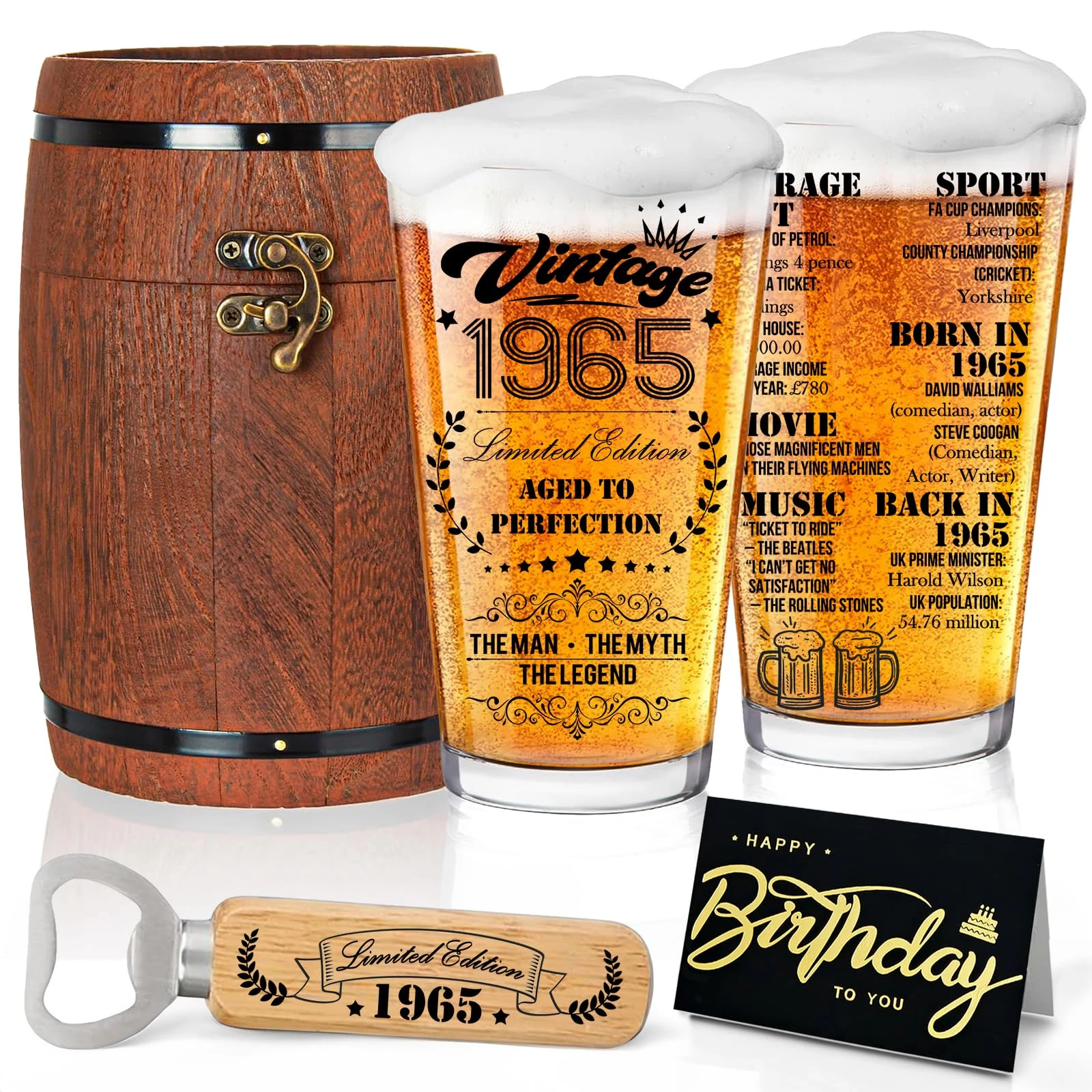 Joybble Gifts for Men, 60th Birthday Gifts for Men with Birthday Cards, 1965 Beer Glass in Vintage Box, 470ml Personalised Gift Beer Glasses Gift Ideas, Retirement Gift for Husband Dad