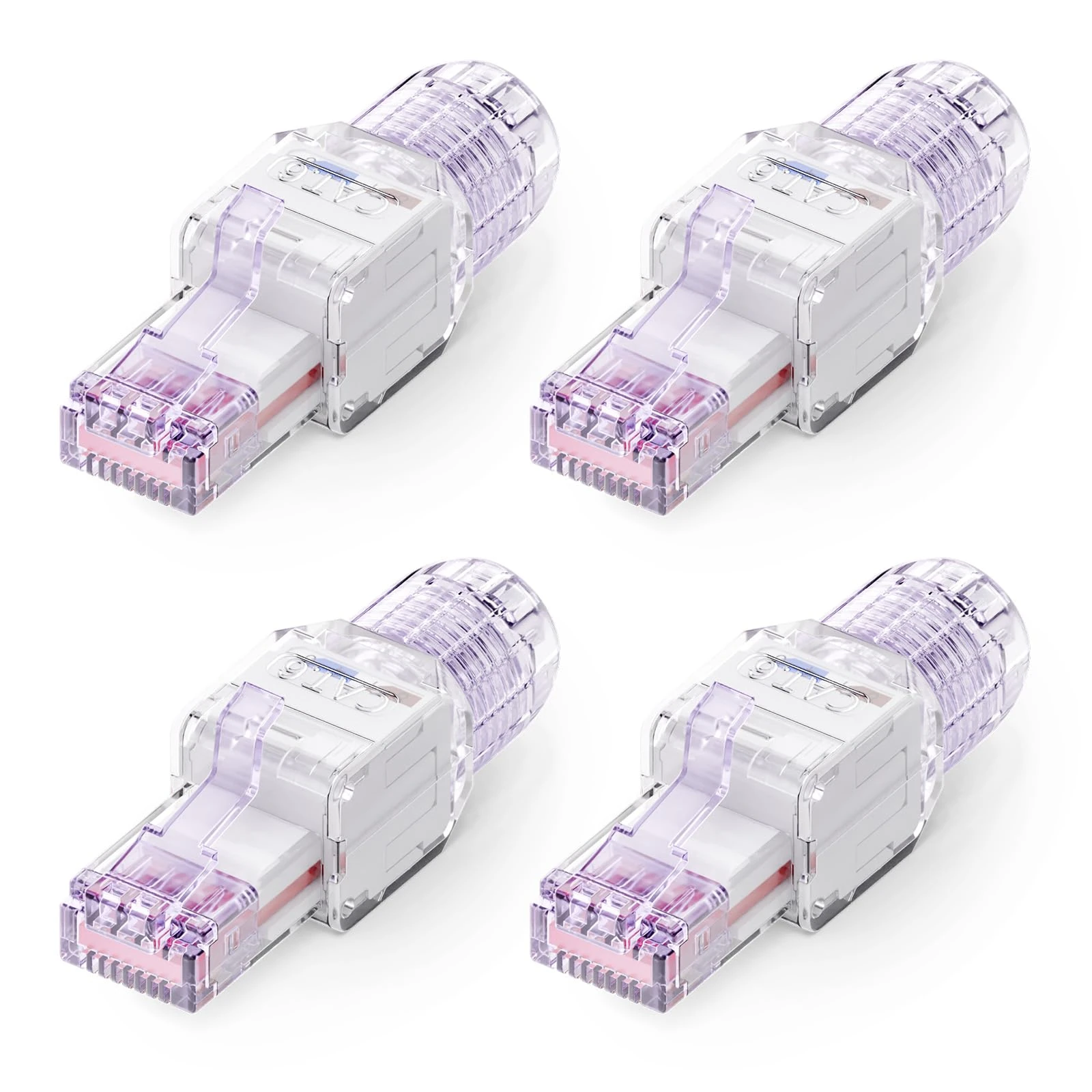 VCELINK CAT6 Tool-Free RJ45 Connector, No-Crimp Compact UTP Reusable Plug for Field Termination for 23-26 AWG Ethernet Cables, 1000 Mbps, Transparent Purple, 4-Pack