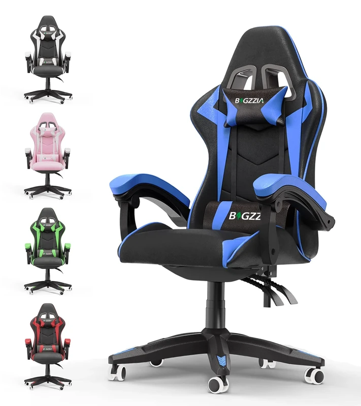 bigzzia Ergonomic Gaming Chair - Gamer Chairs with Lumbar Cushion + Headrest, Height-Adjustable Office & Computer Chair for Adults (without footrest, Blue)