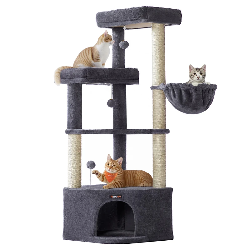 Feandrea Cat Tree Tower, 48.5 x 48.5 x 140.7 cm, Cat Condo with Large Cave, Large Perches, Scratching Posts, Pompoms, Basket, Dark Grey PCT009G02