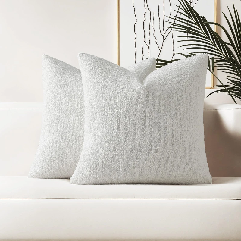 HAUSSY Set of 2 24x24 Throw Pillow Covers, Soft Cozy European Pillow Shams Textured Boucle, Home Decor for Couch Bed Living Room, White