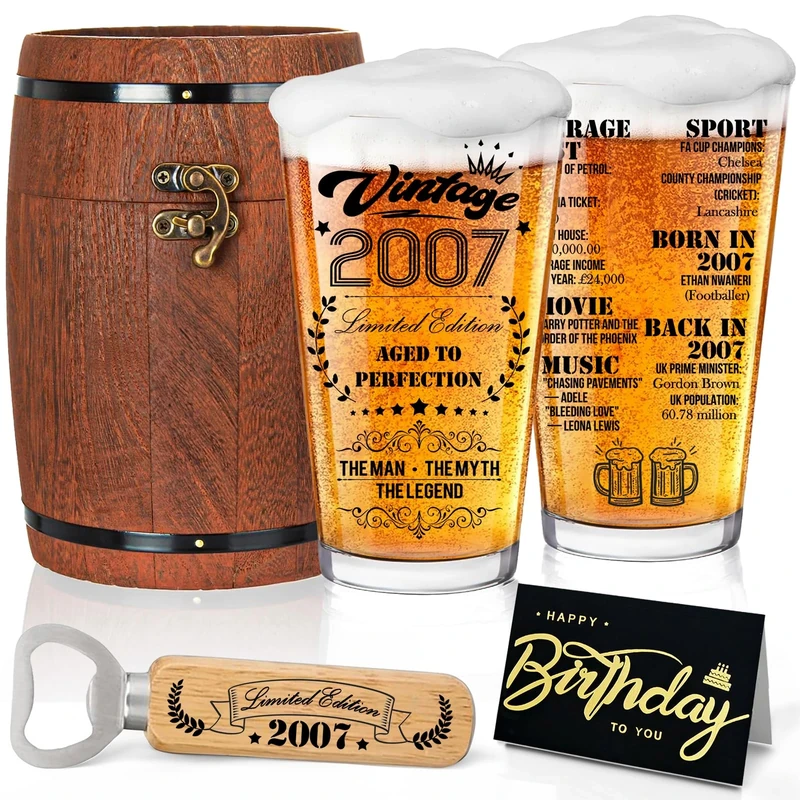 Joybble 18th Birthday Gifts for Boys, Birthday Decorations Vintage 18th Beer Glass Sets for Boys, 2008 Beer Glass in Vintage Box, Valentine's Day Presents Beer Glasses Gift for Him