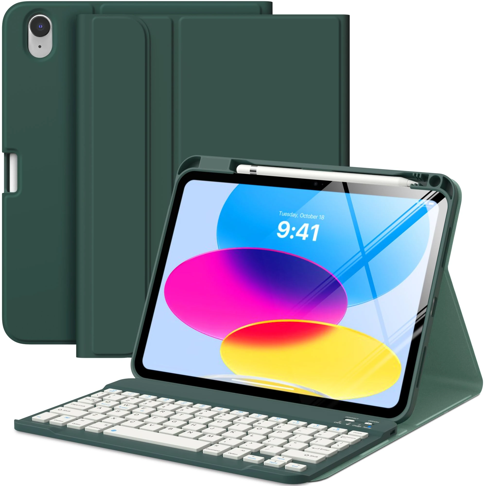 MoKo for iPad (A16) 11th Generation Case with Keyboard 11 inch 2025, iPad 10th Generation 10.9 inch Case with Pencil Holder, Multi-Angle Detachable Bluetooth Keyboard, Midnight Green