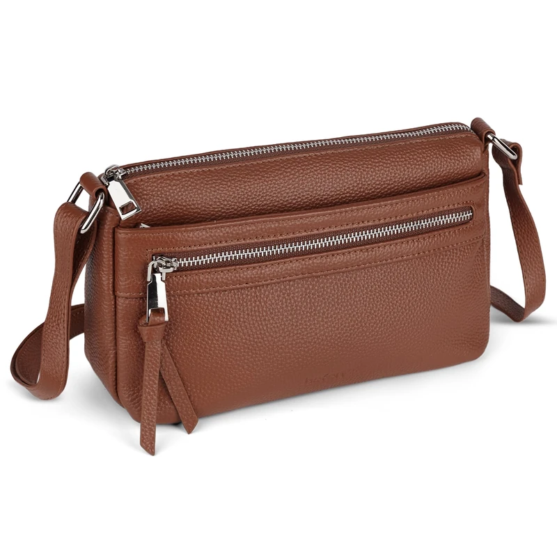 befen Small Genuine Leather Crossbody Purse Bags for Women, Multi Pockets Shoulder Handbag with RFID Blocking Card Slots, Cognac Brown