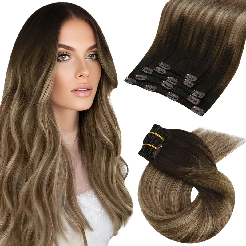 Moresoo Clip in Hair Extensions Real Human Hair 18 Inch Dark Brown to Golden Brown with Honey Blonde Clip in Human Hair Extensions Remy Straight Lightweight All Day Use 5pcs/80G #4/10/16