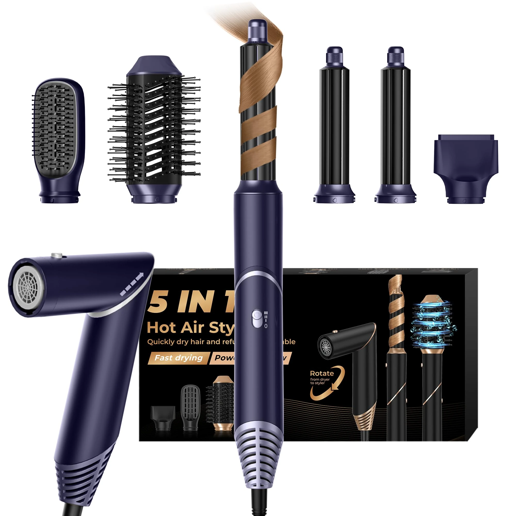 5 in 1 Hair Styler Air Styler Airbrush 5 in 1 with Hot Air Brush Blow Dryer Brush Hair Dryer Air Curler for Drying, Rotating, Straightening and Volumizing