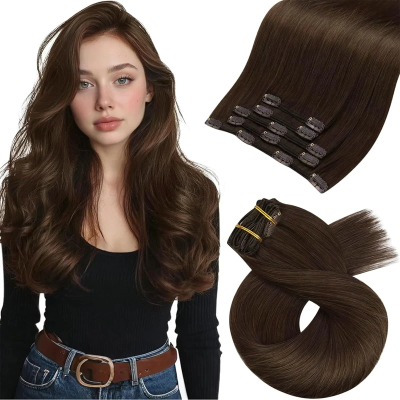 Moresoo Clip in Hair Extensions Real Human Hair 20 Inch Dark Brown Clip in Human Hair Extensions Brown Straight Human Hair for Women Adding Volume Natural Looking 5pcs/80G #4