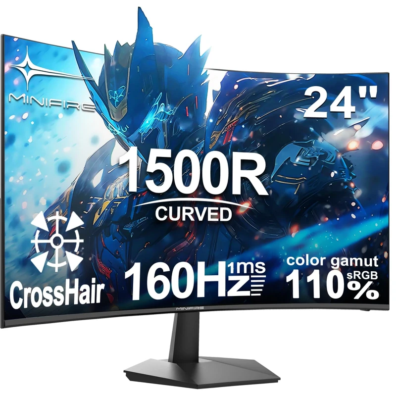 Minifire 24 Inch Gaming Monitor, 160Hz, Curved Gaming Monitor, 1500R, 1Ms, sRGB130%, FHD 1080P Computer Screen, VESA Compatible, Eye Care Adaptive Sync HDMI＆DP Prots (MFG24C1L)