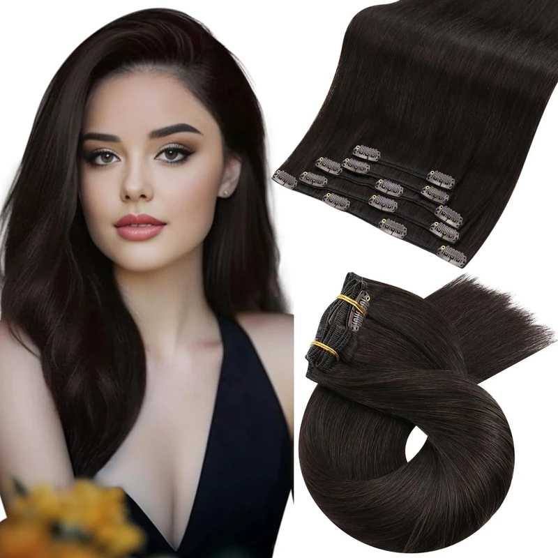Moresoo Clip in Hair Extensions Real Human Hair 20 Inch Darkest Brown Clip in Human Hair Extensions Brown Straight Human Hair for Women Adding Volume Natural Looking 5pcs/80G #2