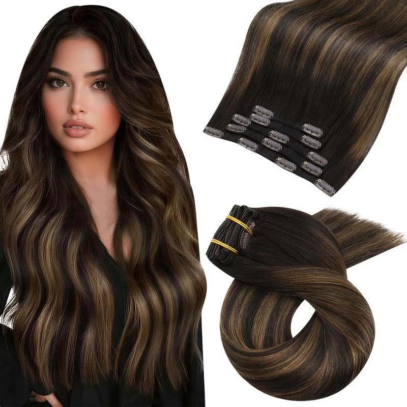 Moresoo Clip in Hair Extensions Real Human Hair 18 Inch Balayage Darkest Brown and Chestnut Brown Clip in Human Hair Extensions Remy Straight Lightweight All Day Use 5pcs/80G #2/6/2