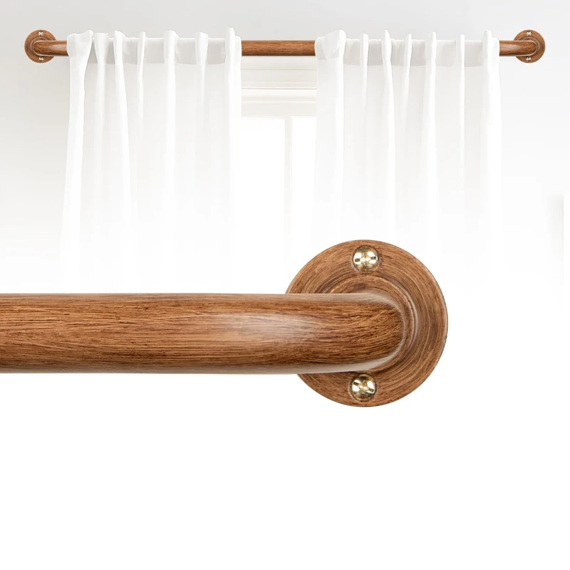 HTZON Blackout Wrap Around Curtain Rods for Windows:Extra Long Curtain Rods 120-240 Inches Wraparound Room Darkening Imitation Wood Curtain Rod Heavy Duty Adjustable Wooden Curved French Round Hidden